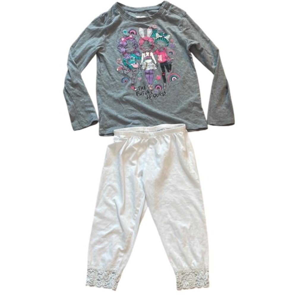 Top Rainbows unicorn stars glitter embellished & white lace leggings girl size 6